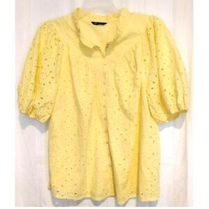 Pretty Garden Women's Large Blouse Yellow Puff Sleeve Eyelet Cottagecore Boho